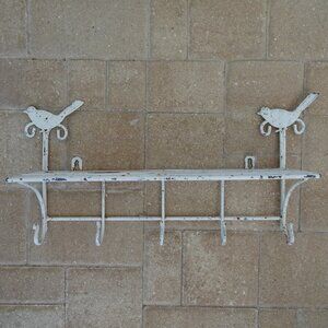 Metal Wall Hanging Shelf 5 Hooks Birds Aged Look Shabby Chic 18" Outdoor Plants